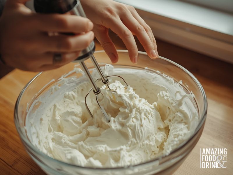 Whipping cream cheese with hand mixer to create light fluffy texture for appetiser dips