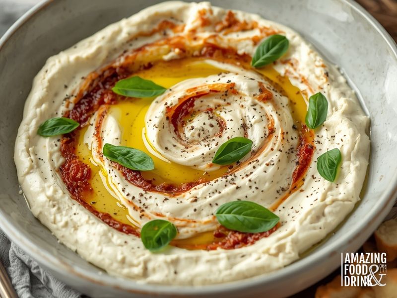 Mediterranean whipped feta cream cheese dip with sun-dried tomatoes and olive oil swirl