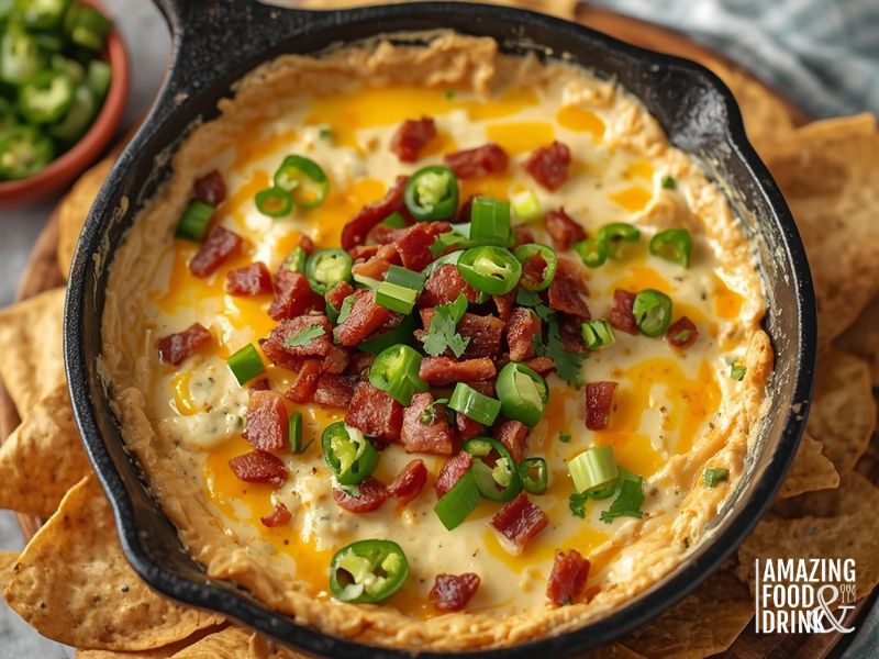 Hot jalape&ntilde;o popper cream cheese appetiser dip with bacon and melted cheese
