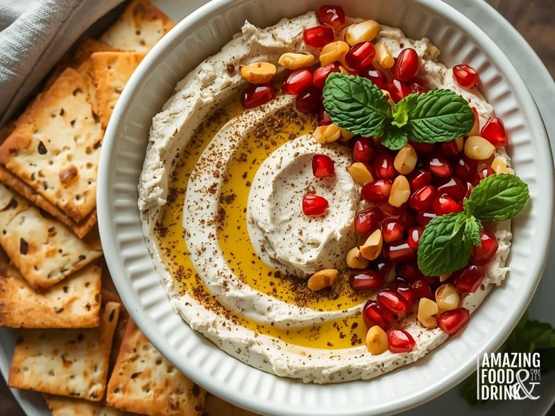 Middle Eastern za'atar cream cheese dip with pomegranate molasses and pine nuts