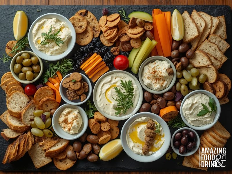 Complete grazing board featuring multiple cream cheese appetiser dips with breads crackers and vegetables
