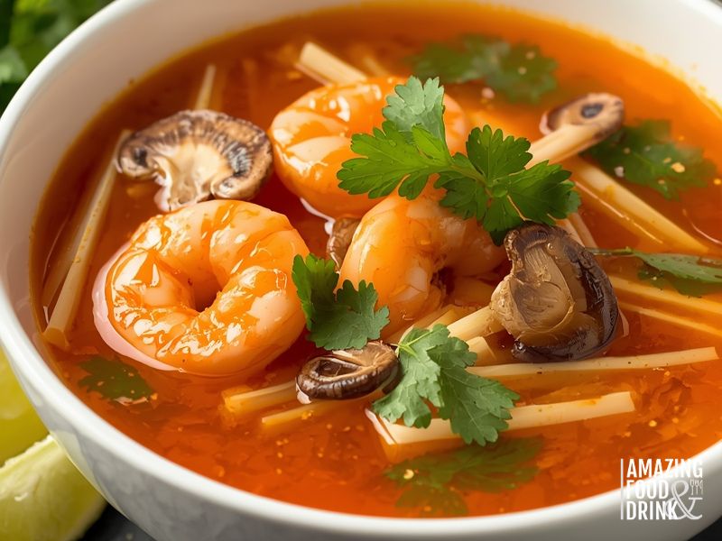 Thai tom yum goong soup with prawns, mushrooms, and aromatic herbs in spicy sour broth