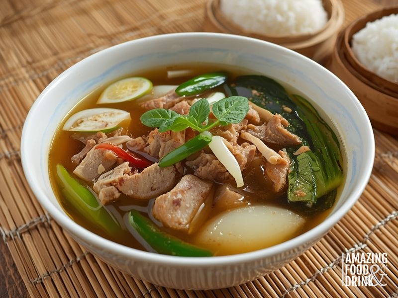 Filipino sinigang na baboy soup with pork, vegetables, and tamarind broth served with rice