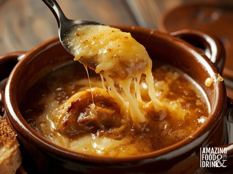 French onion soup with melted Gruy&egrave;re cheese and caramelized onions in traditional crock