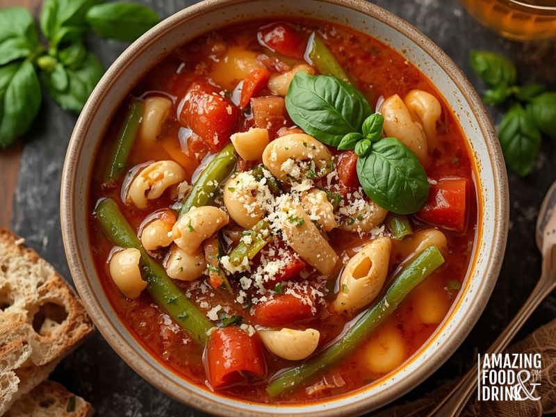 Italian minestrone soup with vegetables, beans, and pasta topped with Parmesan and basil