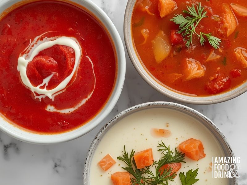 Traditional European soups including Ukrainian borscht, Spanish gazpacho, and Finnish salmon soup