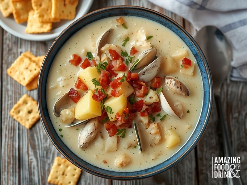 New England clam chowder with clams, potatoes, and bacon in creamy white broth