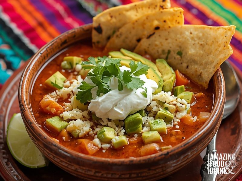 Mexican sopa de tortilla with crispy tortilla strips, avocado, cheese, and chile broth