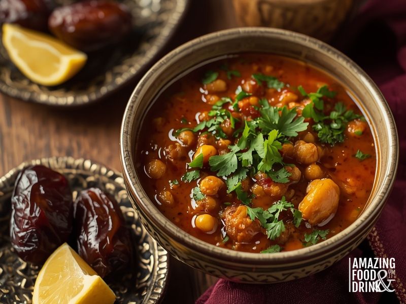 Moroccan harira soup with lentils, chickpeas, and herbs served with dates and lemon