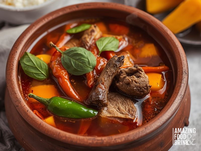 Nigerian pepper soup with goat meat and Scotch bonnet peppers in aromatic spicy broth