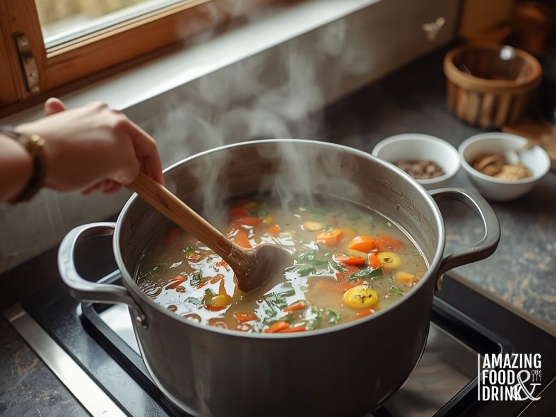 Home cook preparing traditional soup recipe with fresh vegetables in large pot