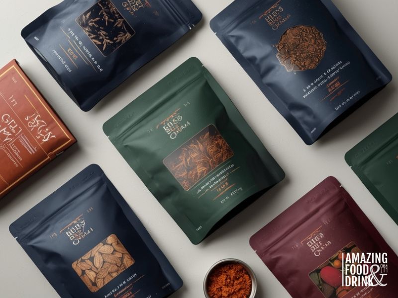 Assorted resealable pouches and boxes of snacks and Indian spices arranged on a light surface, with the "Amazing Food & Drink" logo in the corner.