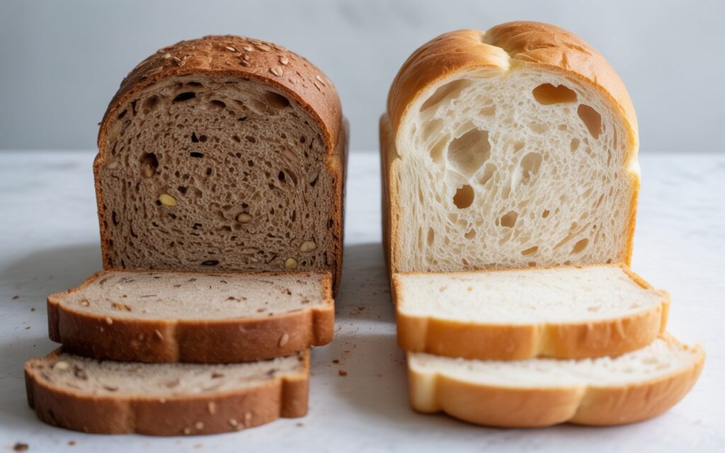 Two loaves of bread, one bran bread with seeds on the left and one white bread on the right, each with two slices cut and placed in front of them on a white surface&mdash;perfect if you&rsquo;re looking for healthy bread for a diet.