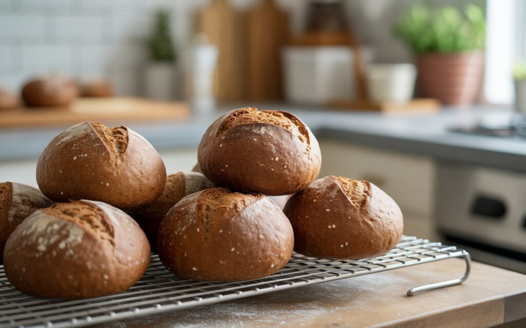 Six round loaves of Brown Bread with crusty tops are cooling on a wire rack in a bright kitchen&mdash;perfect bread for a diet.