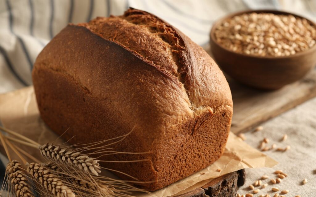 A loaf of Brown Bread sits on parchment paper next to a bowl of wheat grains and wheat stalks on a rustic wooden surface, making it an ideal bread for a diet.