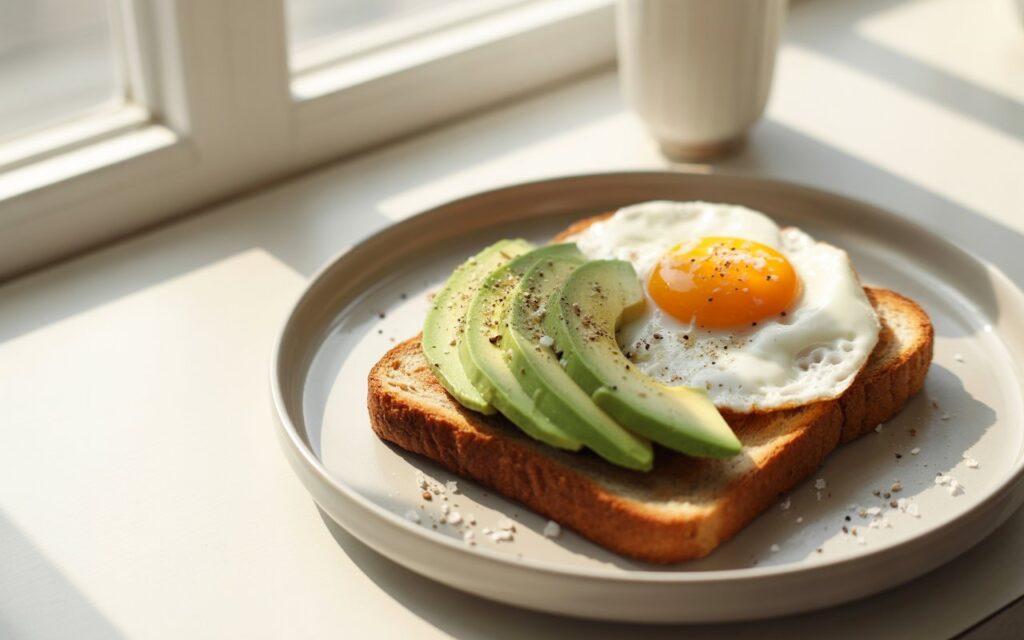 A plate with two slices of brown bread toast topped with sliced avocado and a sunny-side-up egg, finished with salt and pepper, sits on a sunlit table near a window&mdash;an ideal bread for a diet-friendly meal.