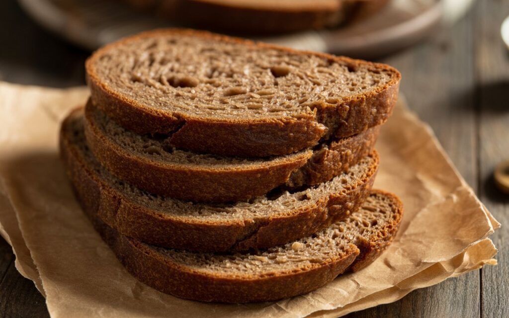 Four slices of hearty bran bread are stacked on brown parchment paper atop a wooden surface&mdash;an ideal brown bread choice for a diet.