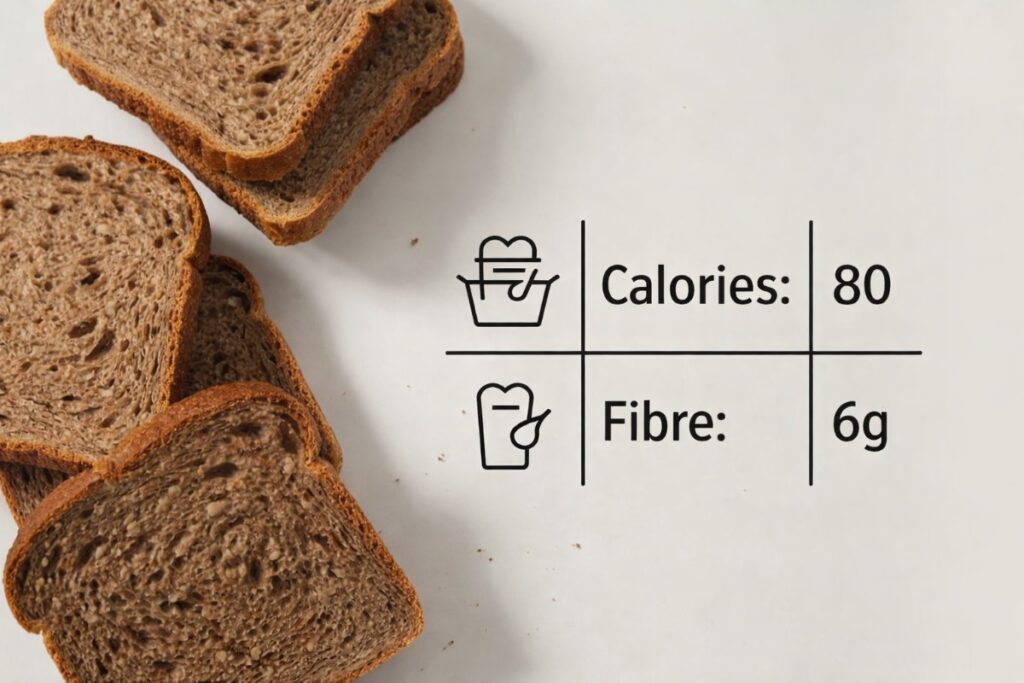 Four slices of brown bread rest on a white surface, with a nutrition label showing 80 calories and 6g fiber&mdash;perfect bread for a diet.
