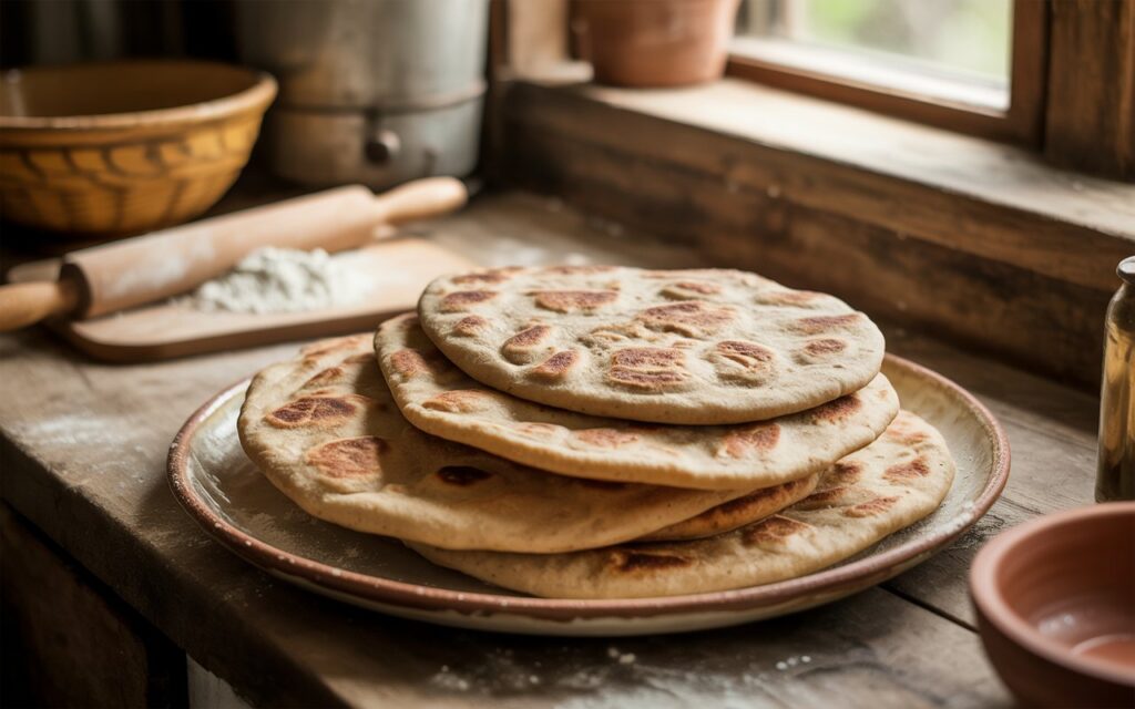 A stack of freshly cooked bran bread flatbreads sits on a plate on a rustic wooden kitchen counter near a window, with baking tools and flour in the background. Perfect brown bread for a diet.