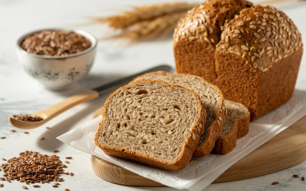 A loaf of seeded brown bread is partially sliced on a wooden board, with flax seeds, a knife, and grains in the background&mdash;perfect bread for a diet.