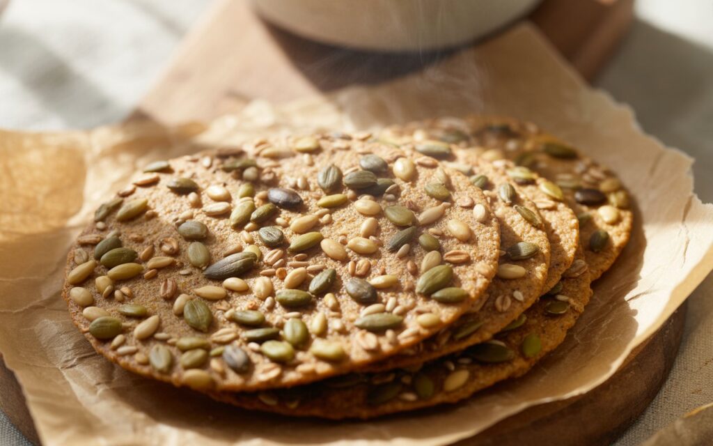Three round seed crackers, perfect as a bread for a diet, are stacked on brown parchment paper. Topped with pumpkin, sunflower, and sesame seeds, they resemble bran bread as soft sunlight illuminates them.