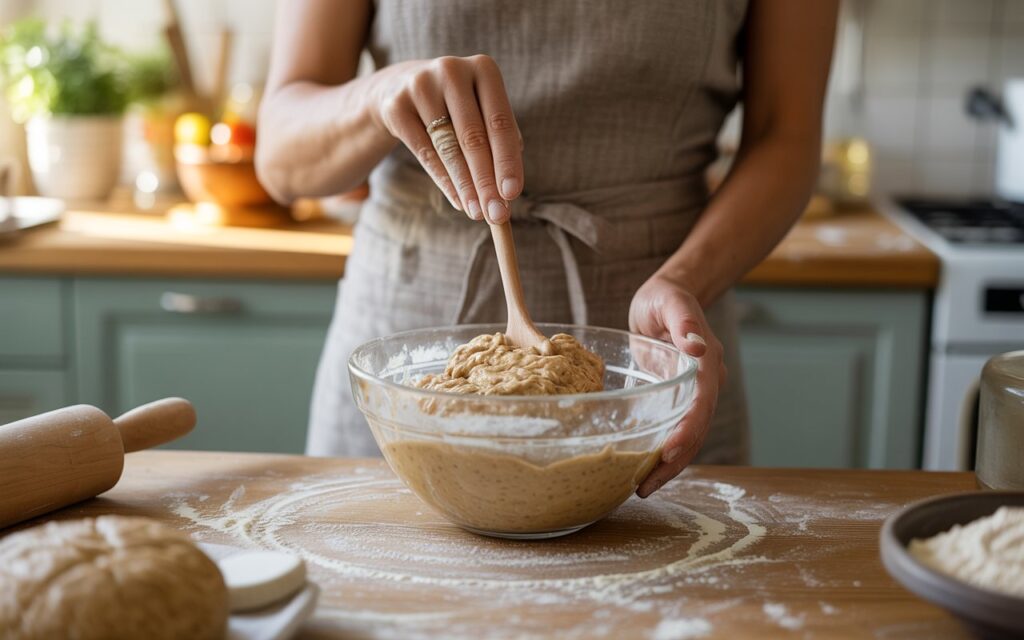 Person in an apron stirring dough for Brown Bread in a glass bowl with a wooden spoon on a floured kitchen counter, surrounded by baking tools and ingredients.