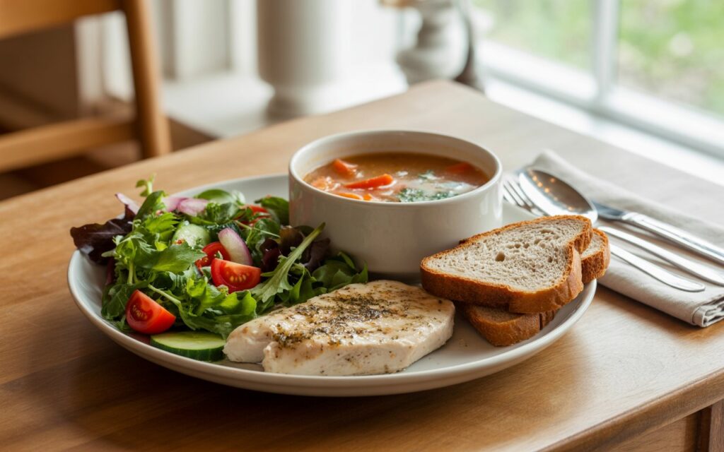 A plate of food on a table, featuring slices of wholesome Bran Bread, perfect for those mindful of their diet.