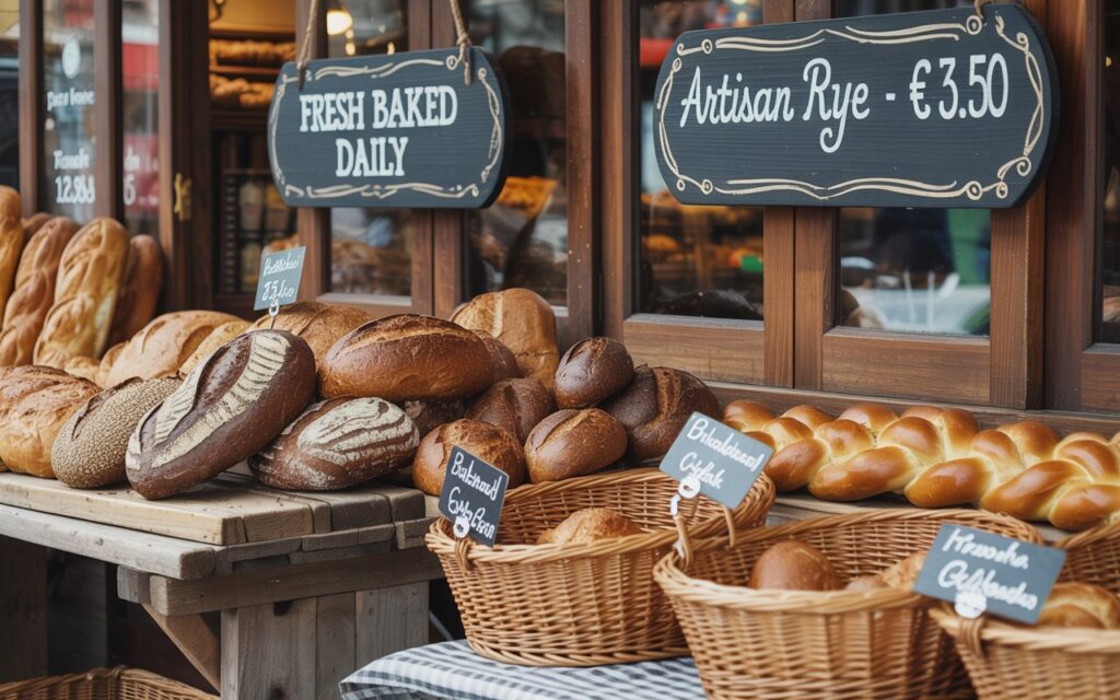 An assortment of fresh baked bread, including rye, brown bread, and braided loaves, displayed in baskets and on tables at a bakery with price signs.