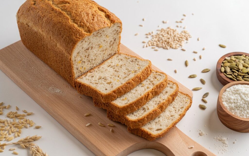 A loaf of Brown Bread partially sliced on a wooden cutting board, surrounded by grains, seeds, and a bowl of flour&mdash;perfect bread for a diet&mdash;on a white surface.