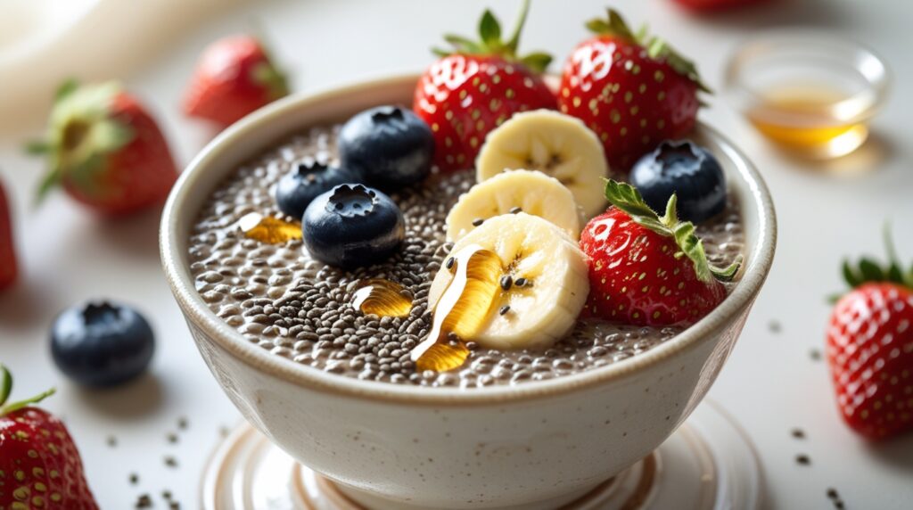 A bowl of egg-free chia pudding topped with sliced bananas, strawberries, blueberries, and a drizzle of honey, with fresh fruit scattered around.