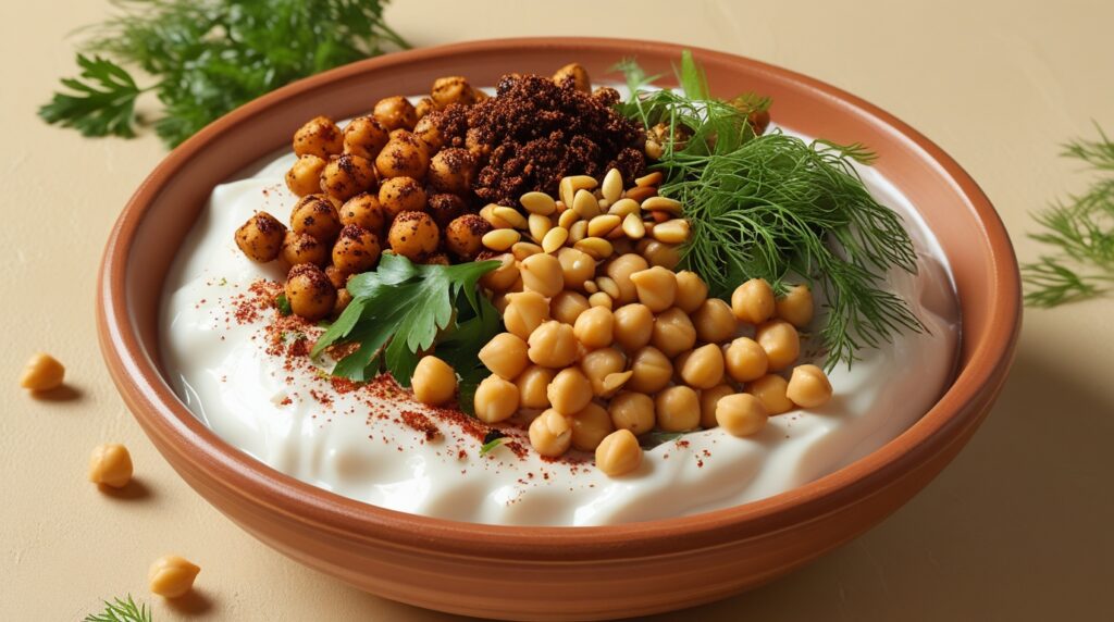 A bowl of yogurt topped with cooked chickpeas, pine nuts, fresh parsley, dill, and ground spices makes a flavorful egg-free keto breakfast, served on a light surface with herb sprigs around.