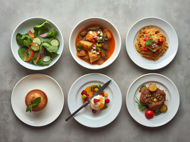 Six white plates on a gray surface, each with a different dish&mdash;perfect for a business lunch or inspiring ideas about starting a business over delicious meals.