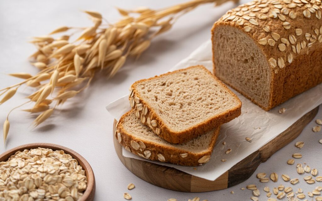 A loaf of Bran Bread topped with oats, with two slices cut, displayed on a wooden board alongside oats and oat stalks&mdash;an ideal bread for a diet.