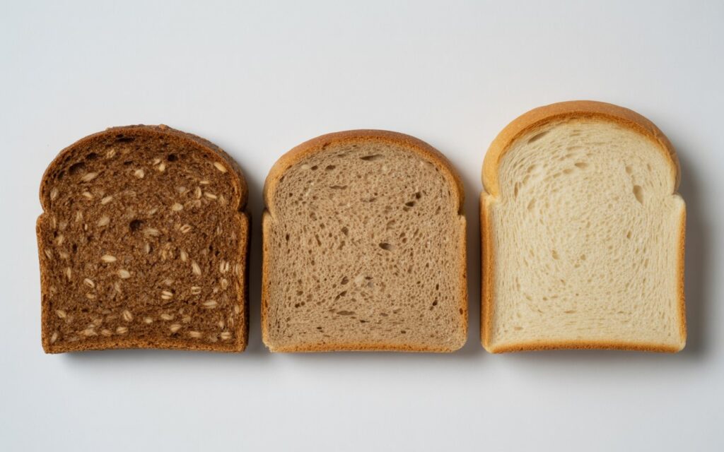 Three slices of bread are arranged side by side on a white surface: one is brown bread, another is whole grain, and the third is white&mdash;showcasing ideal options for bread for a diet.