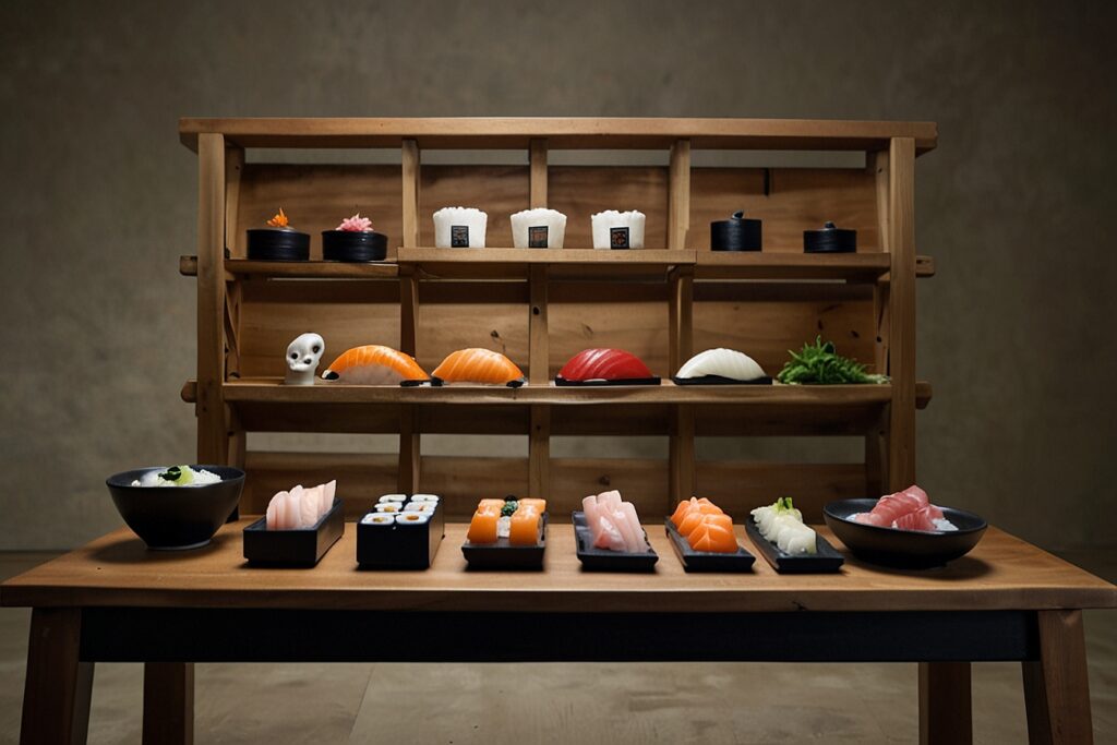 A wooden table displays assorted nigiri sushi, sashimi, and maki sushi in black trays, with more sushi pieces arranged on a wooden shelf in the background&mdash;perfect for any Guide To Sushi.
