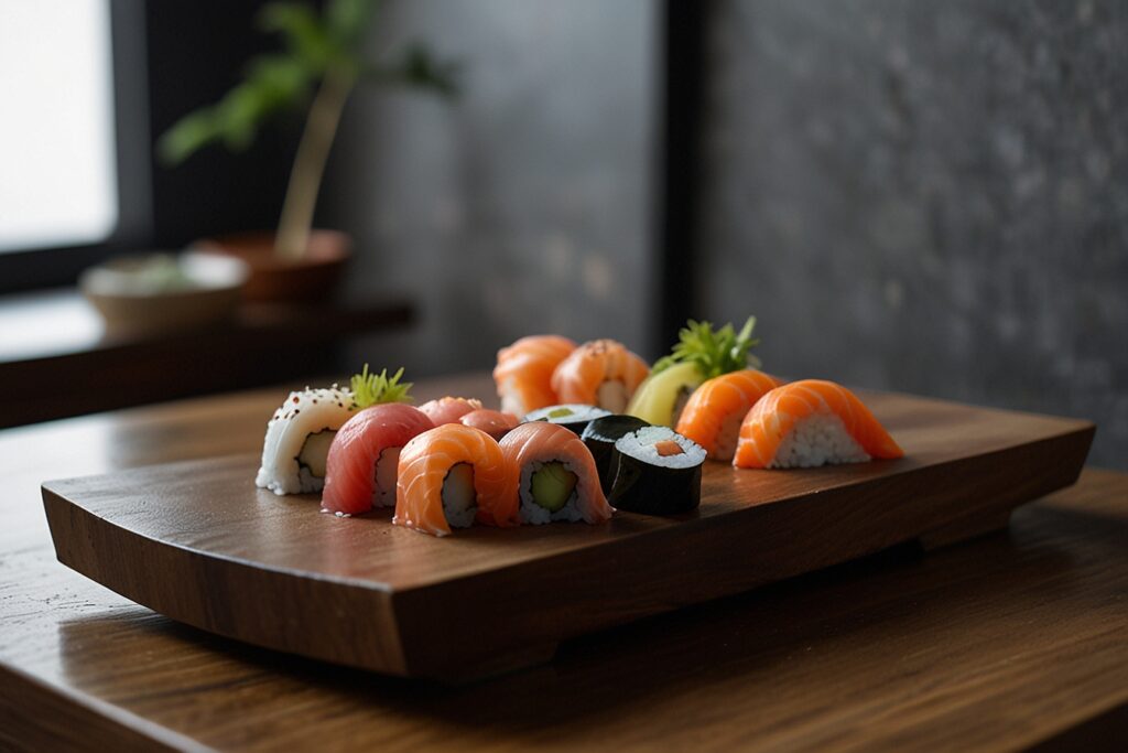 A wooden board with assorted nigiri sushi and maki sushi pieces is placed on a wooden table with a blurred background, offering a visual Guide To Sushi.