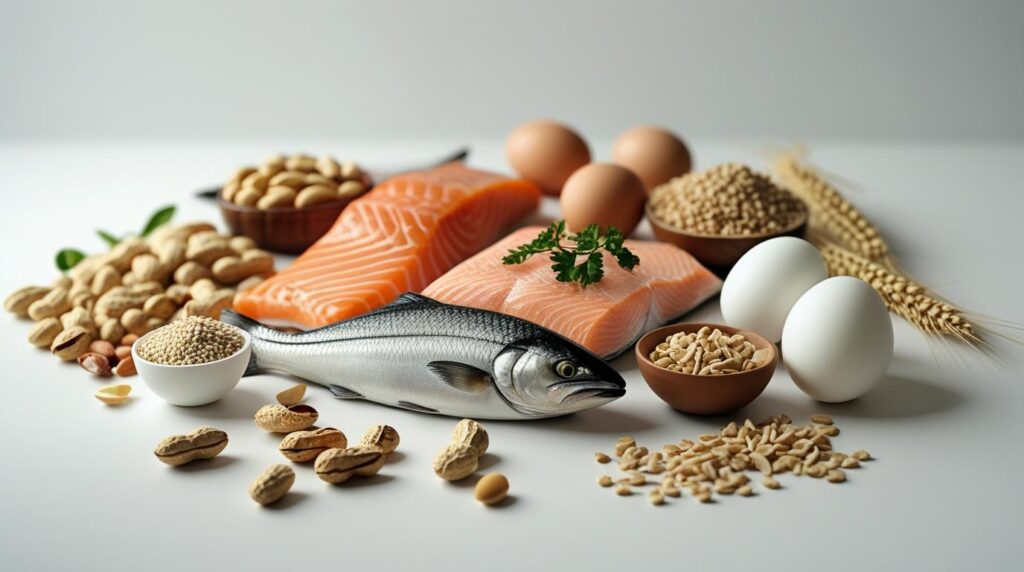Assorted protein-rich foods, including raw salmon fillets, a whole fish, eggs, nuts, seeds, and grains&mdash;some of which are high-allergy foods&mdash;are arranged on a white surface.