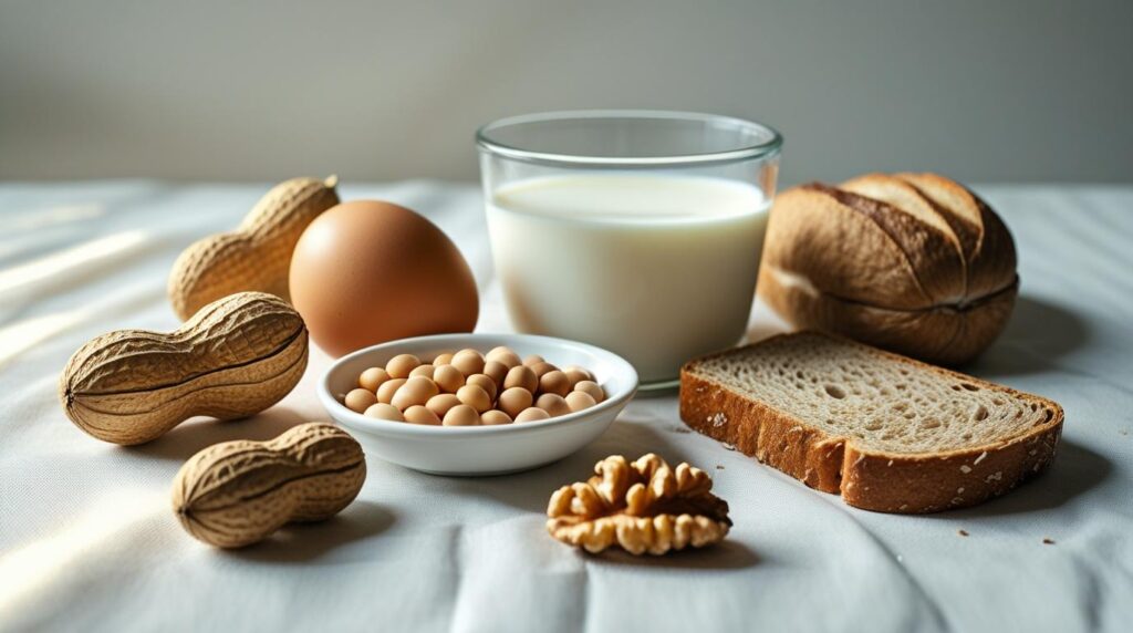 A glass of milk, a brown egg, peanuts, walnuts, soybeans in a bowl, and slices of bread&mdash;these are common high-allergy foods&mdash;are arranged on a white surface.