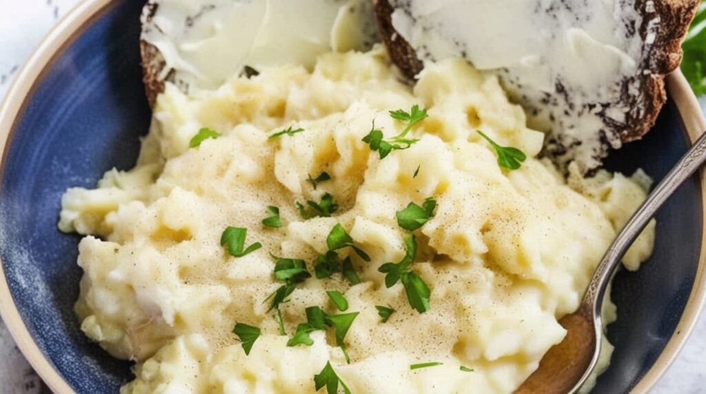 A bowl of mashed potatoes garnished with chopped parsley, served with buttered bread slices on the side&mdash;a simple comfort often found in Icelandic cuisine.
