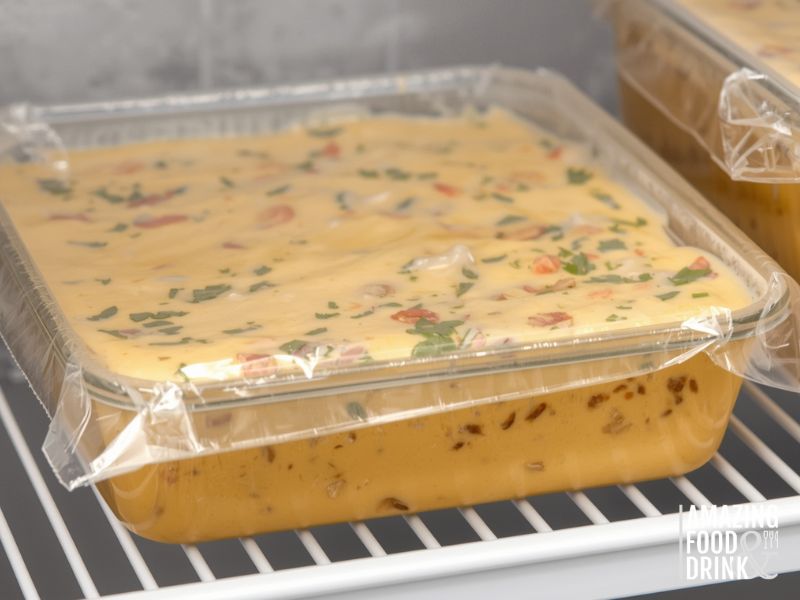 Proper storage of leftover sausage queso dip in airtight container with date label for food safety