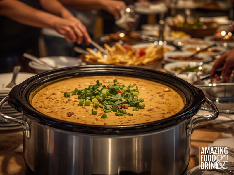 Sausage queso dip slow cooker setup for crowd serving at party with dippers and toppings station