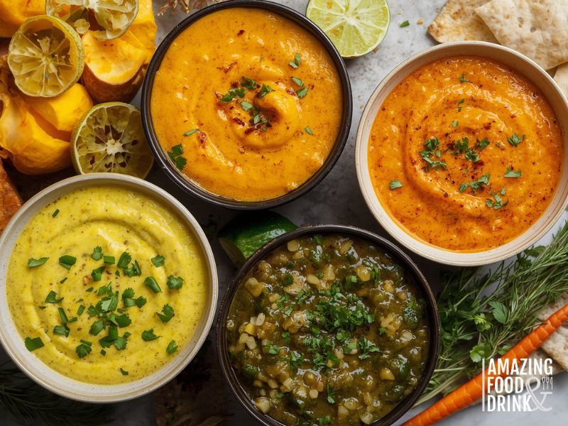 Four seasonal variations of sausage queso dip featuring autumn, winter, spring, and summer ingredients