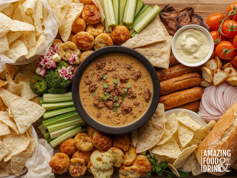 Complete sausage queso dip serving board with variety of dippers including chips, pretzels, bread, and vegetables