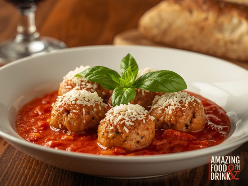 A white bowl of savory meatball goodness topped with grated cheese and fresh basil in rich tomato sauce, with bread and a glass in the background.
