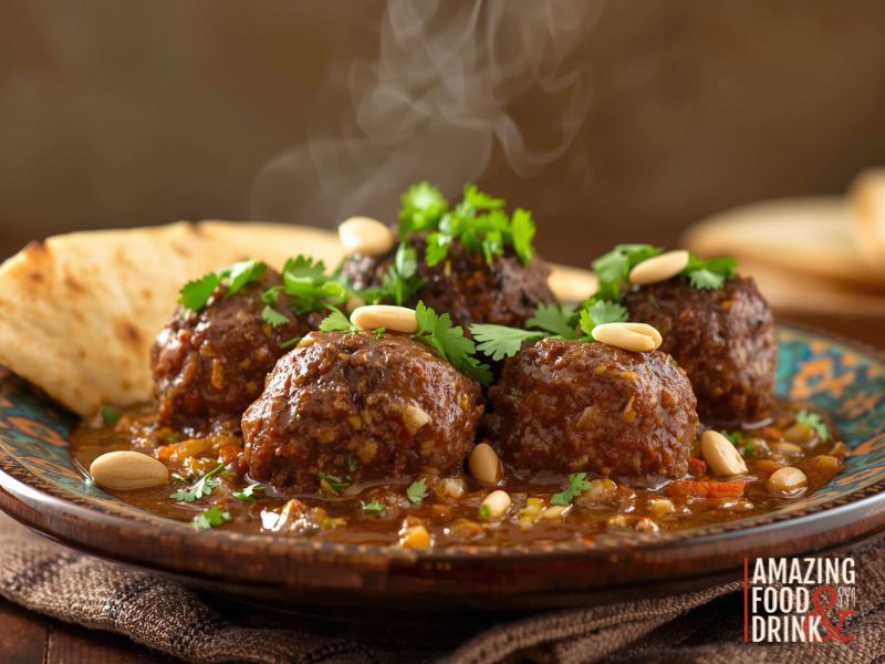 A steaming plate of meatball delights garnished with cilantro and almonds, served in a rich sauce with flatbread on the side. The "Amazing Food & Drink" logo sits in the corner.