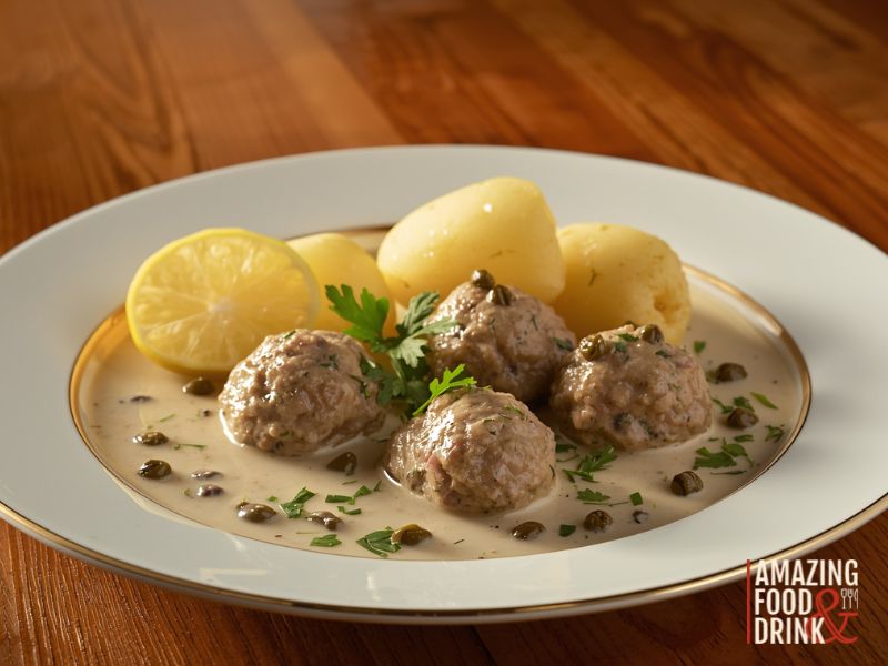 A plate with flavorful meatball in creamy sauce, boiled potatoes, a lemon slice, and capers, garnished with herbs, on a wooden table.