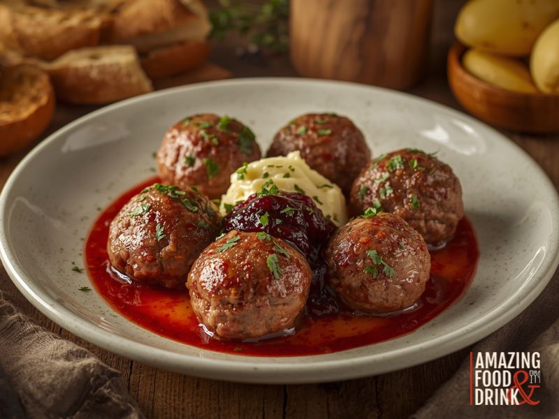 Six meatballs with brown sauce, lingonberry jam, and mashed potatoes are served on a gray plate, garnished with herbs. A classic Swedish meatball dish, with bread and potatoes in the background.