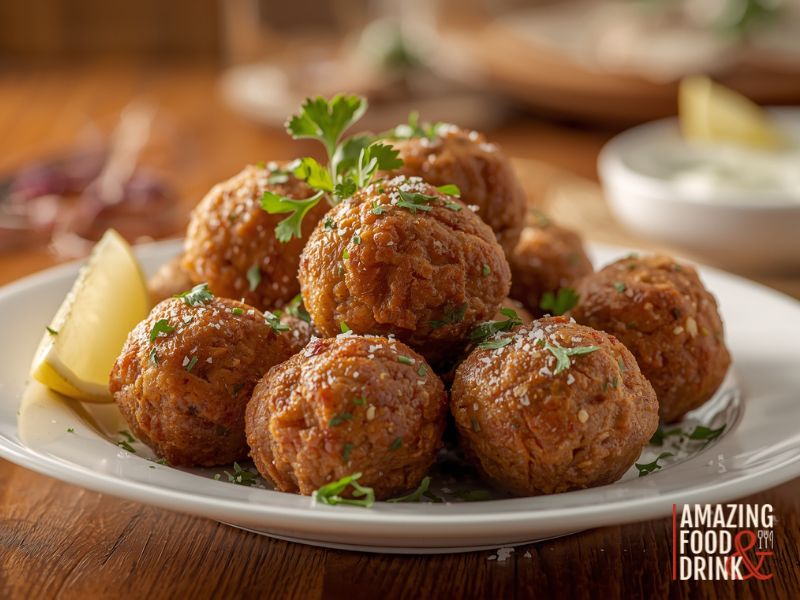 A plate of savory meatballs garnished with parsley and grated cheese, served with a lemon wedge. The "Amazing Food & Drink" logo is displayed in the bottom right corner.