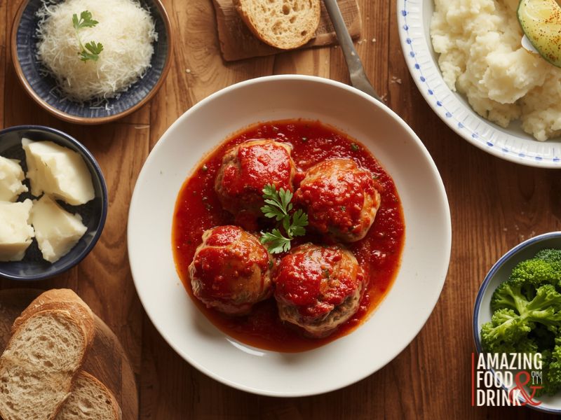 A plate of savory meatball in tomato sauce garnished with parsley, surrounded by bread, mashed potatoes, broccoli, cubed cheese, and grated cheese on a wooden table.