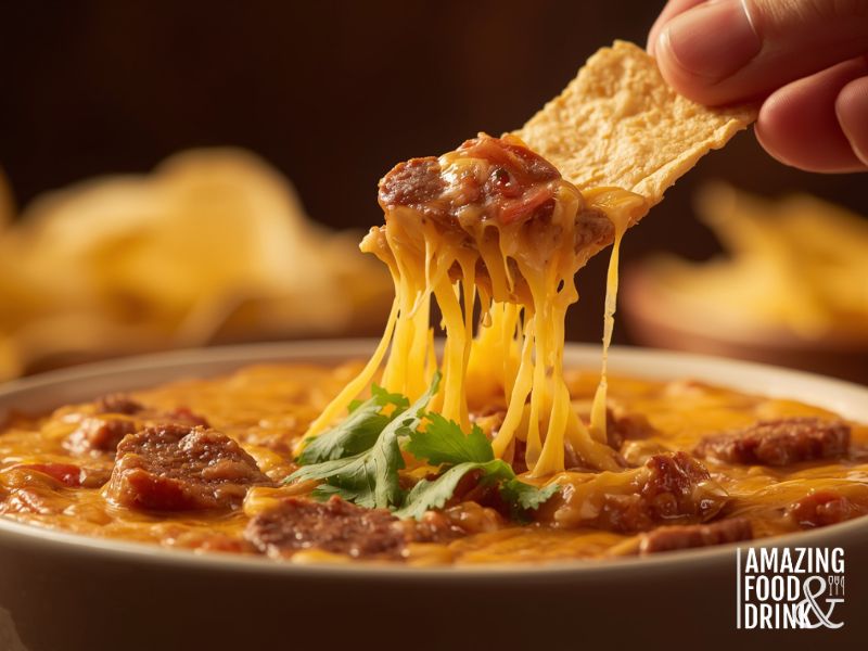 Gourmet real-cheese sausage queso dip with dramatic cheese pull and fresh cilantro garnish